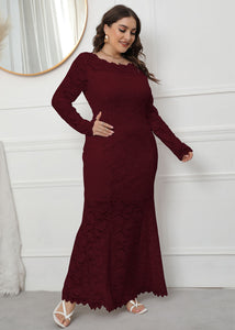 Elegant Wine Red Hollow Out Patchwork Lace Fishtail Dress Long Sleeve