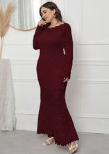 Load image into Gallery viewer, Elegant Wine Red Hollow Out Patchwork Lace Fishtail Dress Long Sleeve