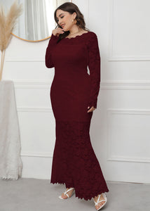 Elegant Wine Red Hollow Out Patchwork Lace Fishtail Dress Long Sleeve
