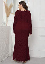 Load image into Gallery viewer, Elegant Wine Red Hollow Out Patchwork Lace Fishtail Dress Long Sleeve