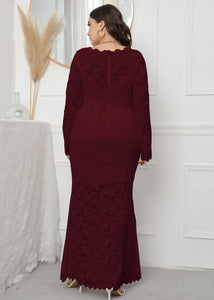 Elegant Wine Red Hollow Out Patchwork Lace Fishtail Dress Long Sleeve