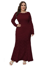 Load image into Gallery viewer, Elegant Wine Red Hollow Out Patchwork Lace Fishtail Dress Long Sleeve