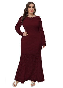 Elegant Wine Red Hollow Out Patchwork Lace Fishtail Dress Long Sleeve