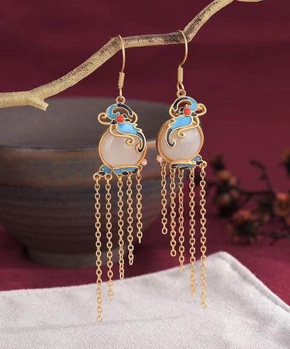 Elegant Yellow Jade Cloisonne Gem Stone Butterfly Tassel Drop Earrings