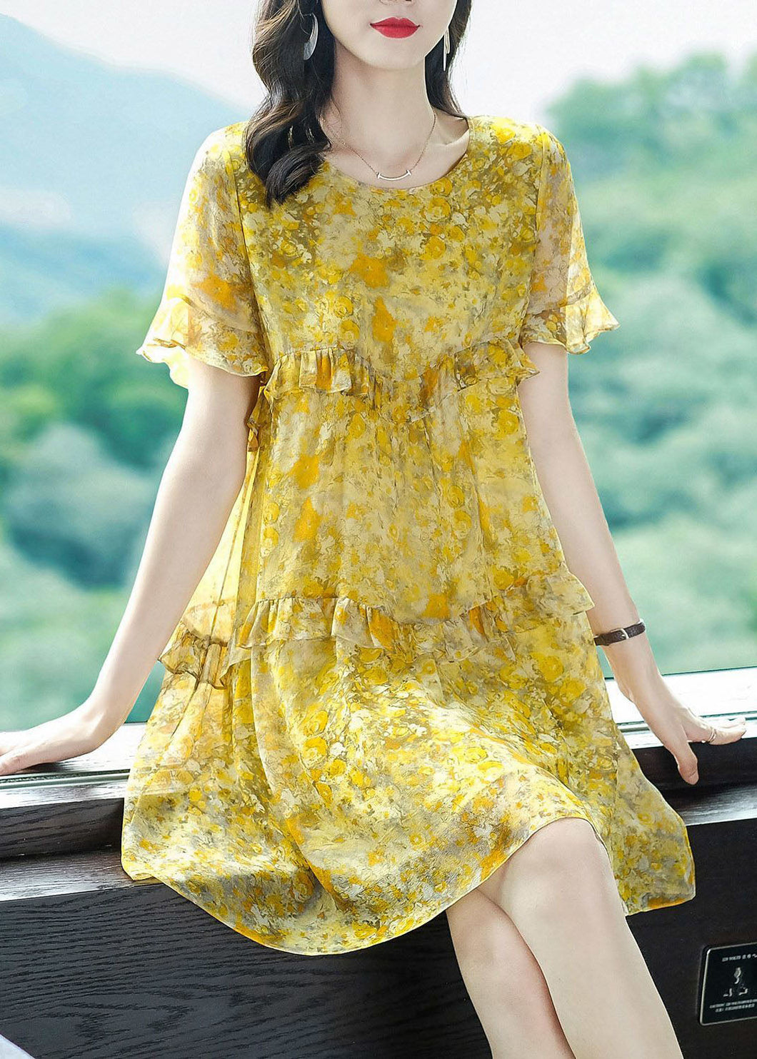 Elegant Yellow O-Neck Patchwork Ruffles Print Chiffon Holiday Dress Summer