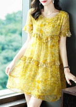 Load image into Gallery viewer, Elegant Yellow O-Neck Patchwork Ruffles Print Chiffon Holiday Dress Summer