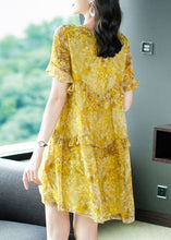 Load image into Gallery viewer, Elegant Yellow O-Neck Patchwork Ruffles Print Chiffon Holiday Dress Summer