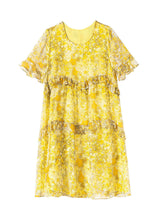 Load image into Gallery viewer, Elegant Yellow O-Neck Patchwork Ruffles Print Chiffon Holiday Dress Summer