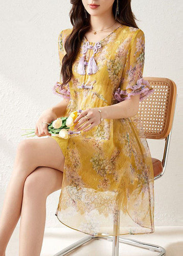 Elegant Yellow Print Chinese Button Tassel Silk Mid Dresses Summer