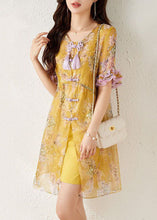 Load image into Gallery viewer, Elegant Yellow Print Chinese Button Tassel Silk Mid Dresses Summer