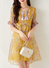 Load image into Gallery viewer, Elegant Yellow Print Chinese Button Tassel Silk Mid Dresses Summer