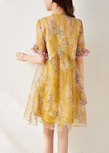 Load image into Gallery viewer, Elegant Yellow Print Chinese Button Tassel Silk Mid Dresses Summer