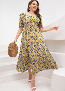 Elegant Yellow Square Collar Print Party Chiffon Maxi Dress Summer