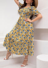 Load image into Gallery viewer, Elegant Yellow Square Collar Print Party Chiffon Maxi Dress Summer
