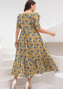 Elegant Yellow Square Collar Print Party Chiffon Maxi Dress Summer
