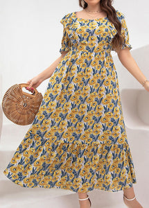 Elegant Yellow Square Collar Print Party Chiffon Maxi Dress Summer