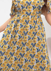 Elegant Yellow Square Collar Print Party Chiffon Maxi Dress Summer