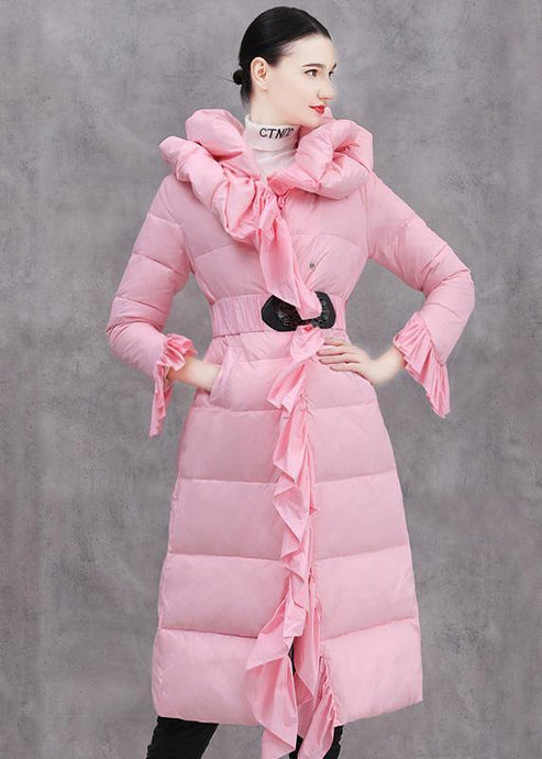 Elegant casual winter jacket ruffles Jackets pink tie waist duck down coat