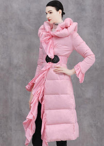 Elegant casual winter jacket ruffles Jackets pink tie waist duck down coat