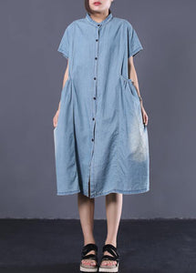 Elegant denim blue cotton clothes Women Cinched pockets long summer Dresses