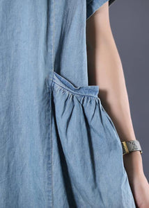 Elegant denim blue cotton clothes Women Cinched pockets long summer Dresses