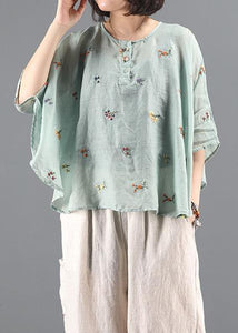 Elegant green embroidery tunic pattern o neck Batwing Sleeve Knee  blouses