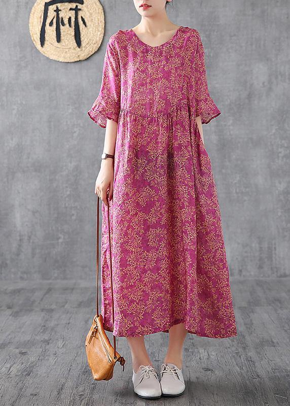 Elegant purple red print Chiffon dress o neck Petal Sleeve loose summer Dress