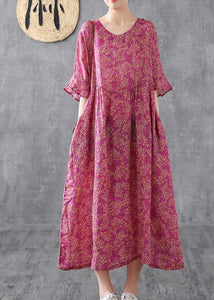 Elegant purple red print Chiffon dress o neck Petal Sleeve loose summer Dress