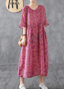 Elegant purple red print Chiffon dress o neck Petal Sleeve loose summer Dress