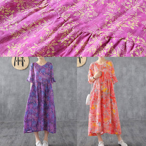 Elegant purple red print Chiffon dress o neck Petal Sleeve loose summer Dress