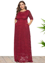 Load image into Gallery viewer, European And American Style Wine Red O Neck Patchwork Lace Long Dress Summer