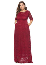 Load image into Gallery viewer, European And American Style Wine Red O Neck Patchwork Lace Long Dress Summer