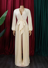 Load image into Gallery viewer, Fashion Apricot Tie Waist Wrinkled Silk Wide Leg Jumpsuit Long Sleeve