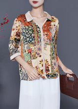 Load image into Gallery viewer, Fashion Beige V Neck Print Silk Shirt Top Half Sleeve