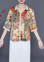 Load image into Gallery viewer, Fashion Beige V Neck Print Silk Shirt Top Half Sleeve