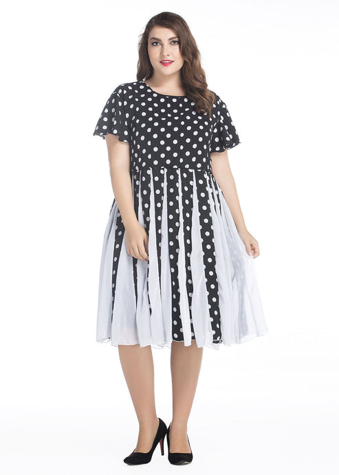 Fashion Black Dot Print Wrinkled Chiffon Dress Summer