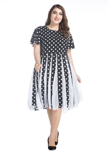 Fashion Black Dot Print Wrinkled Chiffon Dress Summer