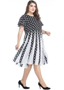 Fashion Black Dot Print Wrinkled Chiffon Dress Summer