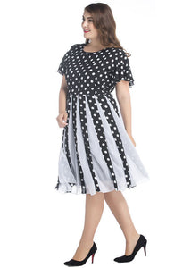 Fashion Black Dot Print Wrinkled Chiffon Dress Summer