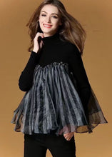 Load image into Gallery viewer, Fashion Black High Neck Tulle Patchwork Striped Knit Sweaters Spring