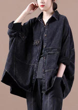 Load image into Gallery viewer, Fashion Black Loose Button Patchwork asymmetrical design Fall Denim Long sleeve Blouse Tops