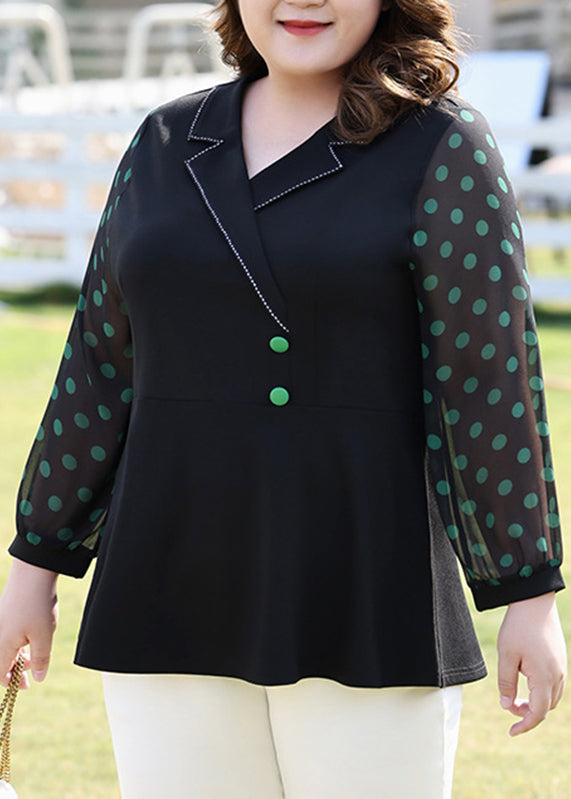 Fashion Black Notched Dot Print Chiffon Shirt Long Sleeve