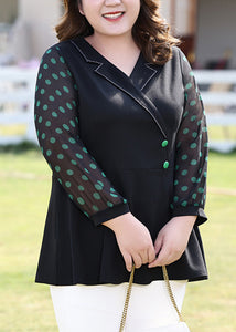 Fashion Black Notched Dot Print Chiffon Shirt Long Sleeve