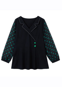 Fashion Black Notched Dot Print Chiffon Shirt Long Sleeve