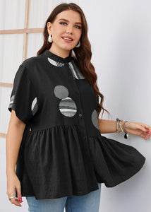 Fashion Black O-Neck Dot Print Patchwork Button Shirt Summer