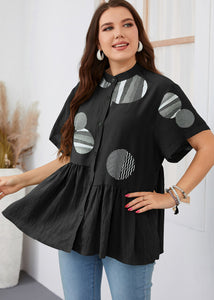 Fashion Black O-Neck Dot Print Patchwork Button Shirt Summer