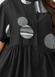 Fashion Black O-Neck Dot Print Patchwork Button Shirt Summer