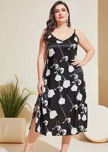 Fashion Black Print Side Open Chiffon Spaghetti Strap Dress Sleeveless