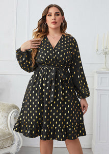 Fashion Black Ruffled Dot Print Tie Waist Chiffon Dresses Fall