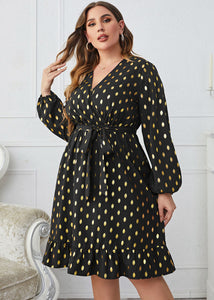 Fashion Black Ruffled Dot Print Tie Waist Chiffon Dresses Fall